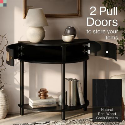 Stead Rattan Half Moon Shaped Entry Table - Cane Console Table, Solid Wood Entryway Table with Two Doors and Brass Knobs Image 3
