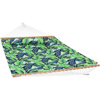 Sunnydaze 2-Person Quilted Printed Fabric Spreader Bar Hammock and Pillow with S Hooks and Hanging Chains - 450 lb Weight Capacity - Exotic Foliage Image 1