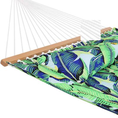 Sunnydaze 2-Person Quilted Printed Fabric Spreader Bar Hammock and Pillow with S Hooks and Hanging Chains - 450 lb Weight Capacity - Exotic Foliage Image 2