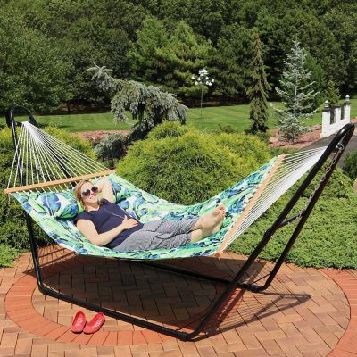 Sunnydaze 2-Person Quilted Printed Fabric Spreader Bar Hammock and Pillow with S Hooks and Hanging Chains - 450 lb Weight Capacity - Exotic Foliage Image 3