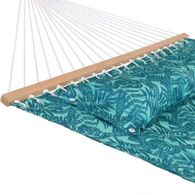 Sunnydaze 2-Person Quilted Printed Fabric Spreader Bar Hammock/Pillow with S Hooks and Hanging Chains - 450 lb Weight Capacity - Cool Blue Tropics Image 2