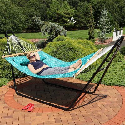Sunnydaze 2-Person Quilted Printed Fabric Spreader Bar Hammock/Pillow with S Hooks and Hanging Chains - 450 lb Weight Capacity - Cool Blue Tropics Image 3