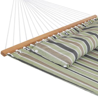 Sunnydaze 2-Person Quilted Printed Fabric Spreader Bar Hammock/Pillow with S Hooks and Hanging Chains - 450 lb Weight Capacity - Khaki Stripe Image 2