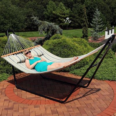 Sunnydaze 2-Person Quilted Printed Fabric Spreader Bar Hammock/Pillow with S Hooks and Hanging Chains - 450 lb Weight Capacity - Khaki Stripe Image 3