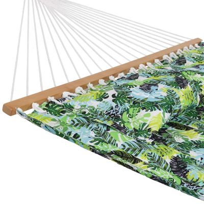 Sunnydaze 2-Person Quilted Printed Fabric Spreader Bar Hammock/Pillow with S Hooks and Hanging Chains - 450 lb Weight Capacity - Tropical Greenery Image 2