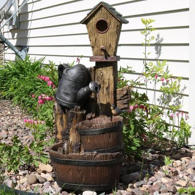 Sunnydaze 31"H Electric Polyresin Rustic Birdhouse and Garden Watering Can Outdoor Water Fountain Image 1
