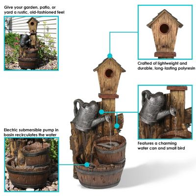 Sunnydaze 31"H Electric Polyresin Rustic Birdhouse and Garden Watering Can Outdoor Water Fountain Image 3
