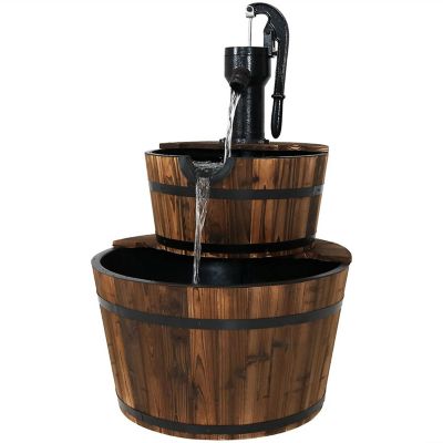 Sunnydaze 34"H Electric Fir Wood 2-Tier Farmhouse Barrel with Metal Decorative Hand Pump Outdoor Water Fountain Image 1