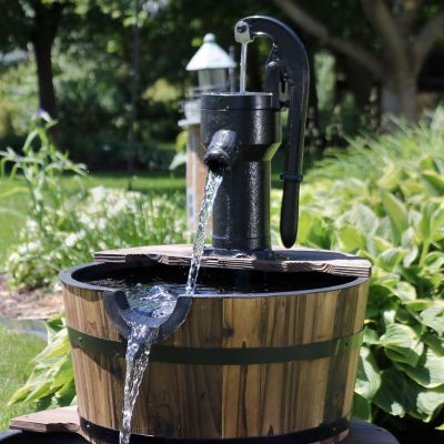 Sunnydaze 34"H Electric Fir Wood 2-Tier Farmhouse Barrel with Metal Decorative Hand Pump Outdoor Water Fountain Image 3
