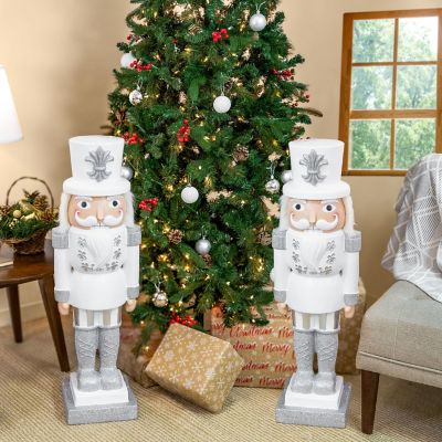 Sunnydaze 37" Sterling the Silver Christmas Nutcracker Statue - 2Pk Image 1