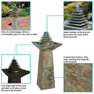 Sunnydaze 40"H Electric Natural Slate Layered Pyramid Tiered Outdoor Water Fountain with LED Light Image 3