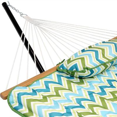 Sunnydaze Cotton Rope Freestanding Hammock with Portable Steel Stand and Spreader Bar with Pad and Pillow - 12' Stand - Blue and Green Chevron Image 2