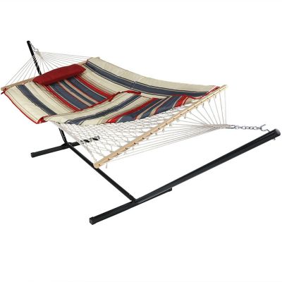 Sunnydaze Cotton Rope Freestanding Hammock with Spreader Bar with Portable Steel Stand and Pad and Pillow Set - 12' Stand - Modern lines Image 1