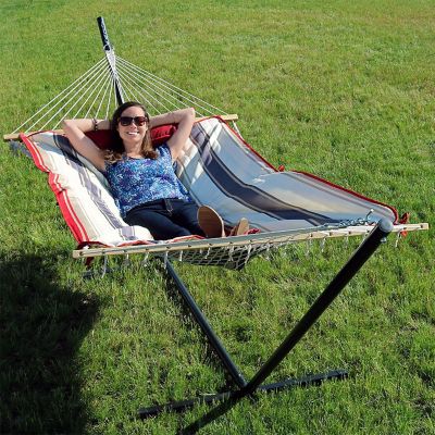 Sunnydaze Cotton Rope Freestanding Hammock with Spreader Bar with Portable Steel Stand and Pad and Pillow Set - 12' Stand - Modern lines Image 3