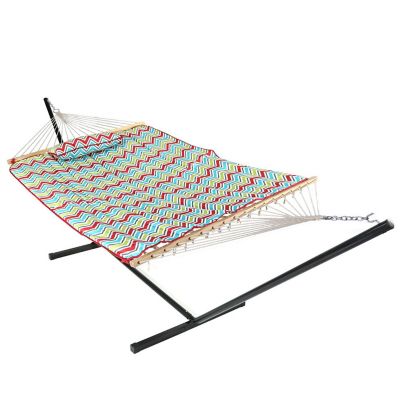 Sunnydaze Cotton Rope Freestanding Hammock with Spreader Bar with Portable Steel Stand and Pad and Pillow Set - 12' Stand - Multi-Color Chevron Image 1