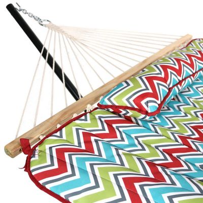 Sunnydaze Cotton Rope Freestanding Hammock with Spreader Bar with Portable Steel Stand and Pad and Pillow Set - 12' Stand - Multi-Color Chevron Image 2