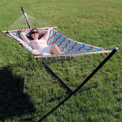 Sunnydaze Cotton Rope Freestanding Hammock with Spreader Bar with Portable Steel Stand and Pad and Pillow Set - 12' Stand - Multi-Color Chevron Image 3