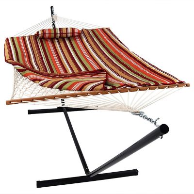 Sunnydaze Cotton Rope Freestanding Hammock with Spreader Bar with Portable Steel Stand and Pad and Pillow Set - 12' Stand - Tropical Orange Image 1