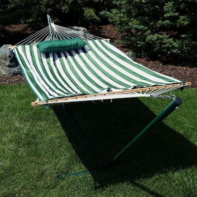 Sunnydaze Cotton Rope Hammock with Steel Stand and Pad and Pillow Set - 12' Stand - Green and White Stripe Image 1