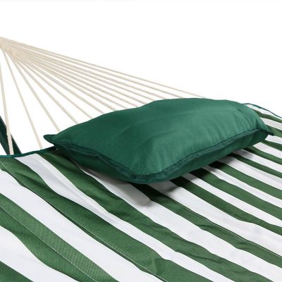 Sunnydaze Cotton Rope Hammock with Steel Stand and Pad and Pillow Set - 12' Stand - Green and White Stripe Image 2