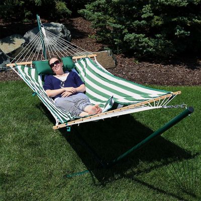 Sunnydaze Cotton Rope Hammock with Steel Stand and Pad and Pillow Set - 12' Stand - Green and White Stripe Image 3