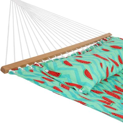 Sunnydaze Heavy-Duty 2-Person Quilted Printed Fabric Spreader Bar Hammock and Pillow - 450 lb Weight Capacity - Watermelon and Chevron Image 2