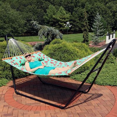 Sunnydaze Heavy-Duty 2-Person Quilted Printed Fabric Spreader Bar Hammock and Pillow - 450 lb Weight Capacity - Watermelon and Chevron Image 3