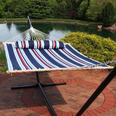 Sunnydaze Heavy Duty 450-Pound Capacity Quilted Fabric Hammock Two-Person with Spreader Bars - Nautical Stripe Image 1