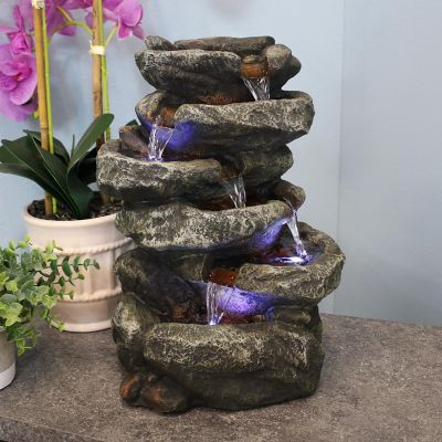 Sunnydaze Indoor Home Office Relaxing 6-Tiered Stone Falls Tabletop Water Fountain with LED Lights - 15" Image 1