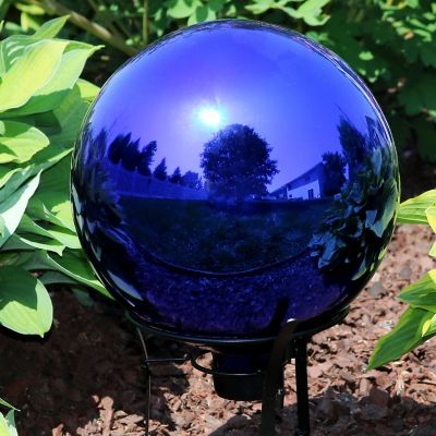 Sunnydaze Indoor/Outdoor Reflective Mirrored Surface Garden Gazing Globe Ball with Stemmed Bottom and Rubber Cap - 10" Diameter - Blue Image 1