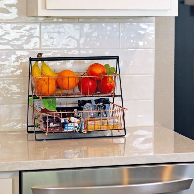 Sunnydaze Indoor Rectangle Iron 2-Tier Decorative Storage Basket for Kitchen Countertop - Copper Image 1