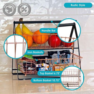 Sunnydaze Indoor Rectangle Iron 2-Tier Decorative Storage Basket for Kitchen Countertop - Copper Image 3