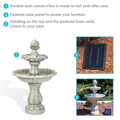 Sunnydaze Outdoor 2-Tier Solar Powered Water Fountain with Battery Backup and Submersible Pump - 35" - White Earth Finish Image 3