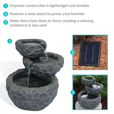 Sunnydaze Outdoor 3-Tier Chiseled Basin Solar Powered Water Fountain with Battery Backup and Submersible Pump - 22" Image 3