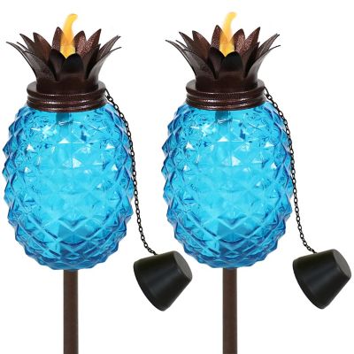 Sunnydaze Outdoor Adjustable Height 3-in-1 Glass Tropical Pineapple Torches with Connected Snuffs and Metal Poles - Blue - 2pk Image 1