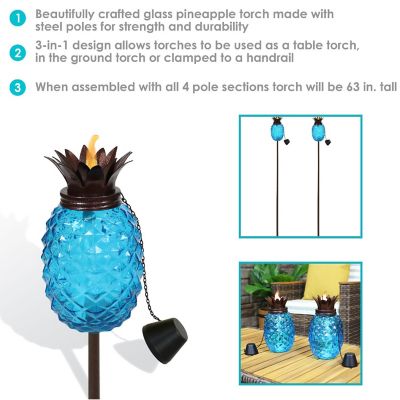 Sunnydaze Outdoor Adjustable Height 3-in-1 Glass Tropical Pineapple Torches with Connected Snuffs and Metal Poles - Blue - 2pk Image 3