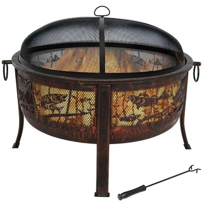 Sunnydaze Outdoor Camping or Backyard Steel Northwoods Fishing Fire Pit with Spark Screen - 30" - Bronze Image 1