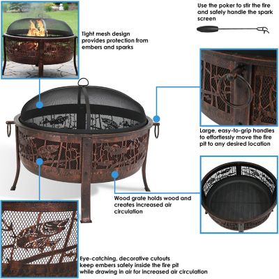 Sunnydaze Outdoor Camping or Backyard Steel Northwoods Fishing Fire Pit with Spark Screen - 30" - Bronze Image 3