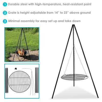 Sunnydaze Outdoor Camping or Backyard Steel Tripod Fire Pit Cooking Grilling BBQ Grate - 22" - Black Image 3