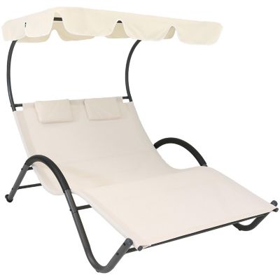 Sunnydaze Outdoor Double Chaise Lounge with Canopy Shade and Headrest Pillows, Beige Image 1