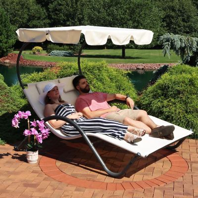 Sunnydaze Outdoor Double Chaise Lounge with Canopy Shade and Headrest Pillows, Beige Image 3