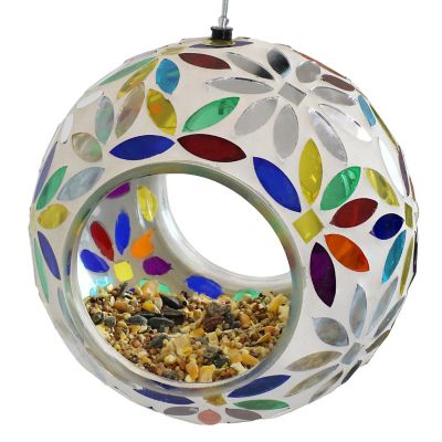 Sunnydaze Outdoor Garden Patio Round Glass with Mosaic Daisy Design Hanging Fly-Through Bird Feeder - 6" - Blue, Red, Green, Yellow, and White Image 2