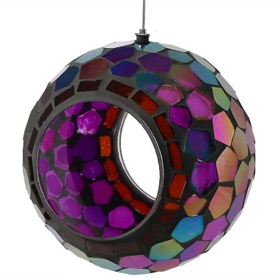 Sunnydaze Outdoor Garden Patio Round Glass with Mosaic Design Hanging Fly-Through Bird Feeder - 7" - Purple Image 1