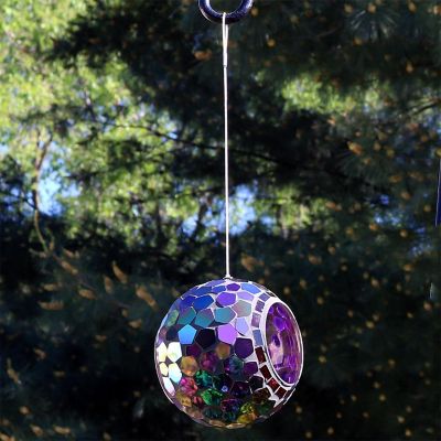 Sunnydaze Outdoor Garden Patio Round Glass with Mosaic Design Hanging Fly-Through Bird Feeder - 7" - Purple Image 1