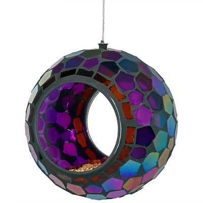 Sunnydaze Outdoor Garden Patio Round Glass with Mosaic Design Hanging Fly-Through Bird Feeder - 7" - Purple Image 2
