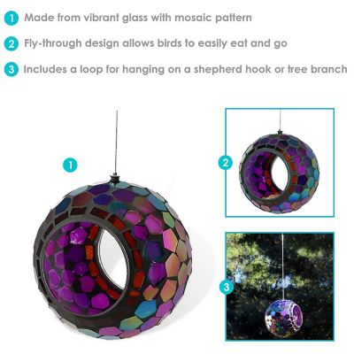 Sunnydaze Outdoor Garden Patio Round Glass with Mosaic Design Hanging Fly-Through Bird Feeder - 7" - Purple Image 3
