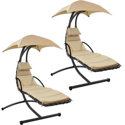 Sunnydaze Outdoor Hanging Chaise Floating Lounge Chair with Canopy Umbrella and Arc Stand, Beige, 2pk Image 1