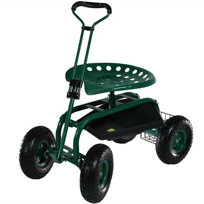 Sunnydaze Outdoor Lawn and Garden Heavy-Duty Steel Rolling Gardening Cart with Extendable Steer Handle, Swivel Chair, and Basket - Green Image 1