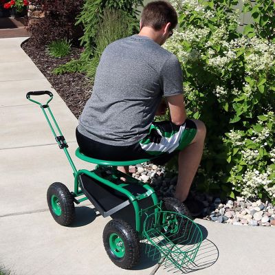 Sunnydaze Outdoor Lawn and Garden Heavy-Duty Steel Rolling Gardening Cart with Extendable Steer Handle, Swivel Chair, Tool Tray, and Basket - Green Image 3