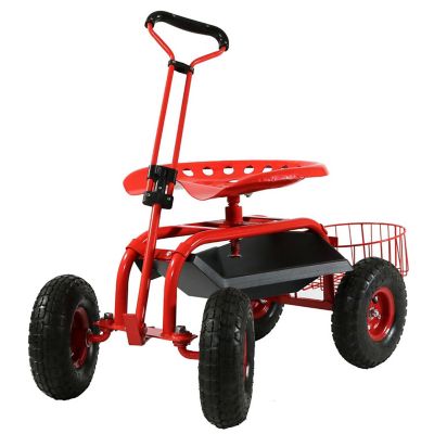 Sunnydaze Outdoor Lawn and Garden Heavy-Duty Steel Rolling Gardening Cart with Extendable Steer Handle, Swivel Chair, Tool Tray, and Basket - Red Image 1